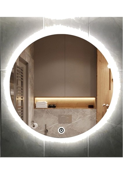 60 Cm Dokunmatik Tuşlu Kumlamalı Beyaz Ledli Yuvarlak Banyo Aynası