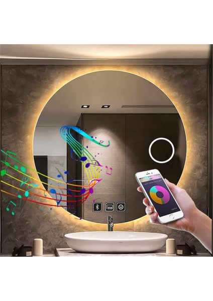 45 Cm Bluetoothlu Buğu Yapmayan Makyaj Aynalı Günışığı Ledli Yuvarlak Banyo Aynası