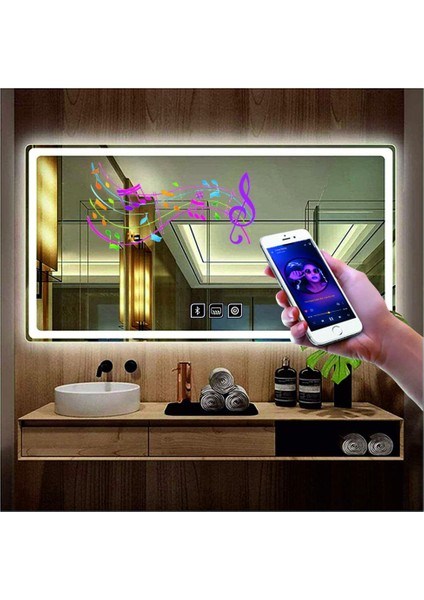 80x120 Cm Bluetoothlu Buğu Yapmayan Dokunmatik Beyaz Ledli Dikdörtgen Banyo Aynası