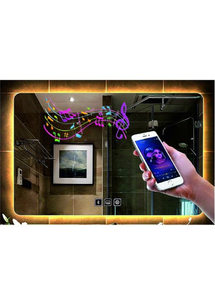 70x110 Cm Bluetoothlu Buğu Yapmayan Dokunmatik Günışığı Ledli Dikdörtgen Banyo Aynası