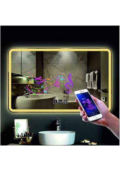 70x110 Cm Bluetoothlu Buğu Yapmayan Dokunmatik Günışığı Ledli Dikdörtgen Banyo Aynası modelleri