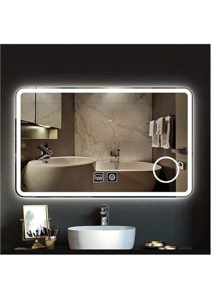 75x105 Cm Buğu Yapmayan Makyaj Aynalı Dokunmatik Beyaz Ledli Dikdörtgen Banyo Aynası