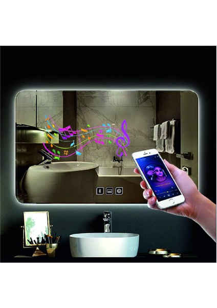 60xDnr-Mirror 70 cm Bluetoothlu Buğu Yapmayan Dokunmatik Beyaz Ledli Dikdörtgen Banyo Aynası