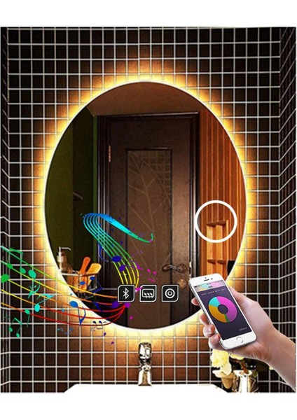60xDnr-Mirror 80 cm Bluetoothlu Buğu Yapmayan Makyaj Aynalı Dokunmatik Günışığı Ledli Elips Banyo Aynası