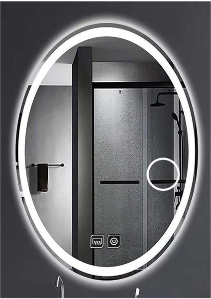 60xDnr-Mirror 80 cm Buğu Yapmayan Dokunmatik Tuşlu Makyaj Aynalı Kumlamalı Beyaz Ledli Elips Banyo Aynası