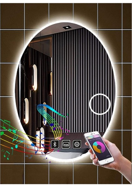 55x75 Cm Bluetoothlu Buğu Yapmayan Dokunmatik Tuşlu Makyaj Aynalı Beyaz Ledli Elips Banyo Aynası