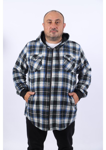 Büyük Beden Kapüşonlu Sweat Oduncu Çiftcep 22203-MAVI