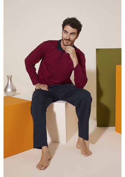 Erkek Pamuklu Polo Yaka Pijama Takım Bordo