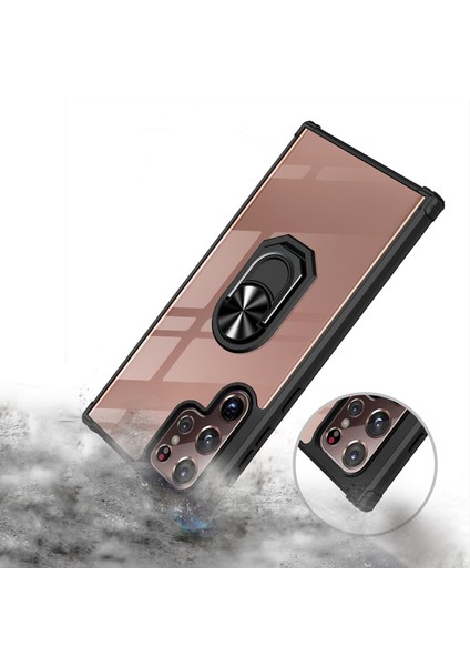 Samsung Galaxy S22 Plus Kılıf Silikon Kenarlı Yüzüklkü Manyetik Şeffaf Mola Kapak