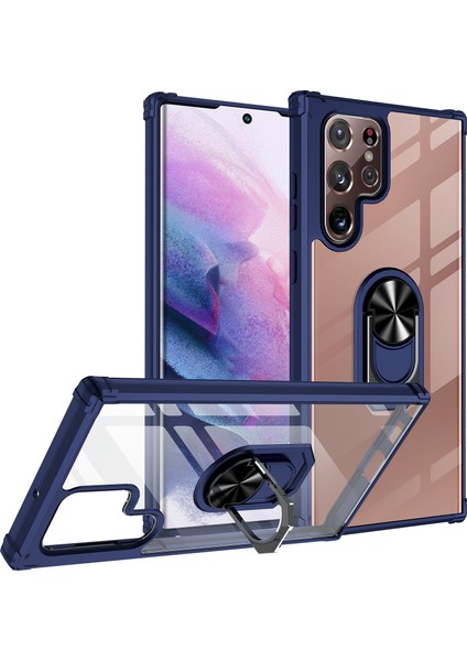 Samsung Galaxy S22 Plus Kılıf Silikon Kenarlı Yüzüklkü Manyetik Şeffaf Mola Kapak
