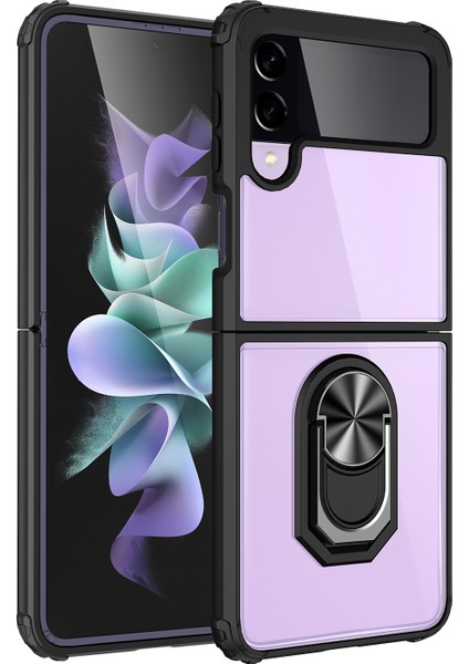 Samsung Galaxy Z Flip 3 Kılıf Silikon Kenarlı Yüzüklü Standlı Manyetik Şeffaf Mola Kapak