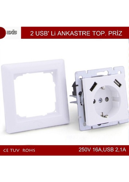 Sıva Altı Topraklı Priz 16A + 2 USB 2,3A