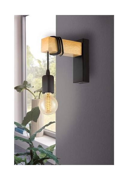 Eglo Townshend Wall Light, 1-Alevli Vintage Duvar Işık Endüstriyel Tasarımlı, Çelik ve Ahşaptan Retro Işık, Renk: , Kahverengi, S (Yurt Dışından)