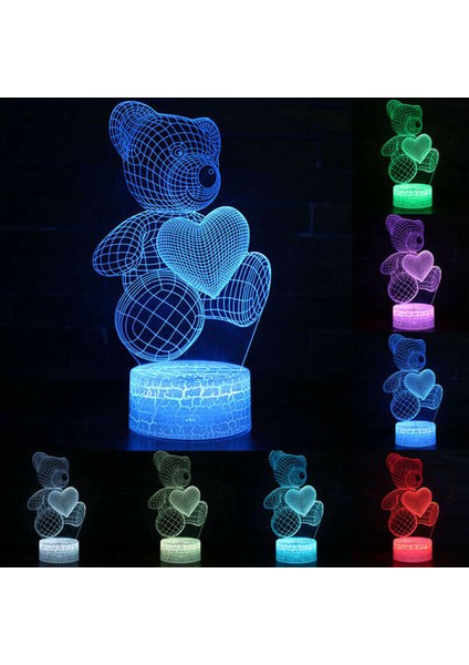 3D Illusion Akrilik LED Gece Işığı Ayı USB Dokunmatik Çocuk Yatak Odası Kreş Lambası (Yurt Dışından)