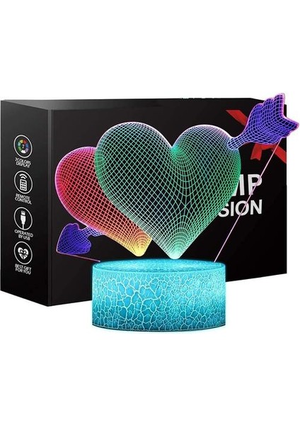 Kızlar Gece Lambası, Laibuy Kalp 3D Illusion Lambası ile 3 Desenli Dokunmatik Kontrol Dinamik Renkler Değiştirilebilir Dekor Nightlight Noel I Için (Yurt Dışından)