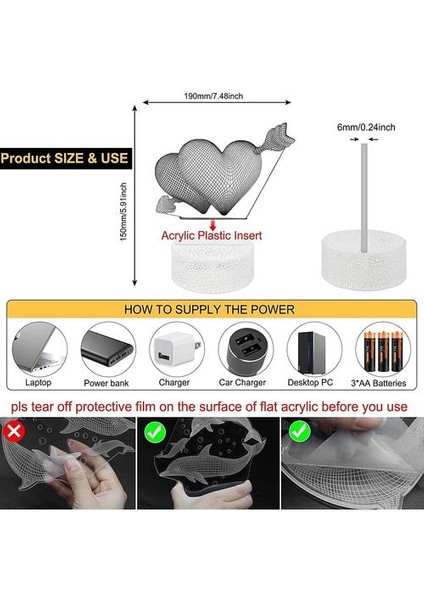 Kızlar Gece Lambası, Laibuy Kalp 3D Illusion Lambası ile 3 Desenli Dokunmatik Kontrol Dinamik Renkler Değiştirilebilir Dekor Nightlight Noel I Için (Yurt Dışından)