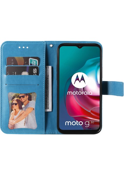 Motorola Moto G30 Için Kabartma Desenli Pu Deri Telefon Kılıfı - Mavi (Yurt Dışından)