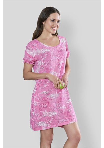 Kadın Viskon Pembe Desenli Elbise 4006