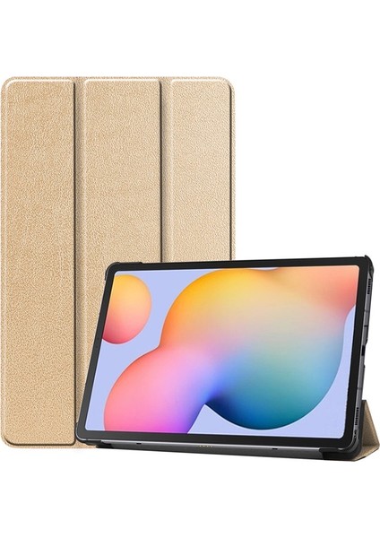 Samsung Galaxy Tab S6 Lite P610 Kılıf Standlı Kapaklı Arkası Şeffaf Sert Smart Case Gold