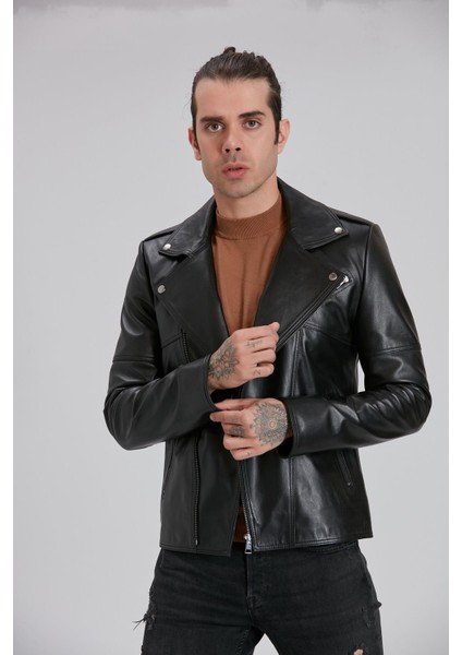 Erkek Siyah Hakiki Deri Biker Ceket