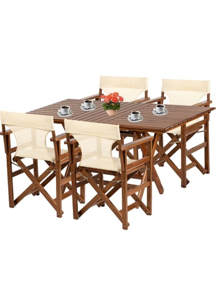 Yönetmen Ahşap Bahçe Balkon Seti: 80X160 Masa + 4 Sandalye Katlanır Takım