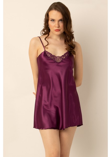 Ince Askılı Güpürlü Mini Saten Gecelik