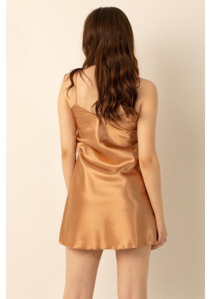 Ince Askılı Güpürlü Mini Saten Gecelik