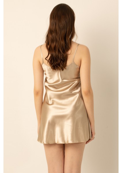 Ince Askılı Güpürlü Mini Saten Gecelik