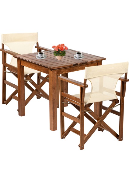 Rejisör Atina Ahşap Bahçe Balkon Seti: 80X80 Sabit Ayaklı Masa + 2 Katlanır Sandalye Takım