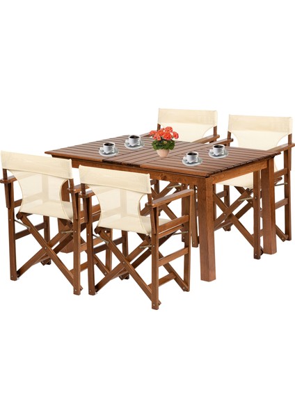 Rejisör Lüks Ahşap Bahçe Balkon Takımı: 80X160 Sabit Ayaklı Masa + 4 Pvcli Katlanır Sandalye Set