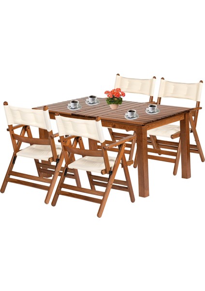 Marmaris Ahşap Bahçe Balkon Takımı: 80X160 Sabit Ayaklı Masa + 4 Minderli Katlanır Sandalye Set