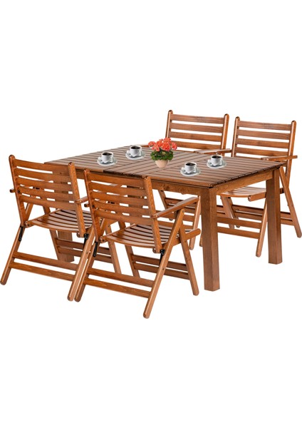 Antalya Ahşap Bahçe Balkon Takımı: 80X160 Sabit Ayaklı Masa + 4 Katlanır Sandalye Set