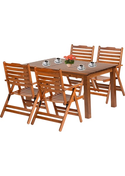 Ürgüp Ahşap Bahçe Balkon Takımı: 80X120 Sabit Ayaklı Masa + 4 Katlanır Sandalye Set