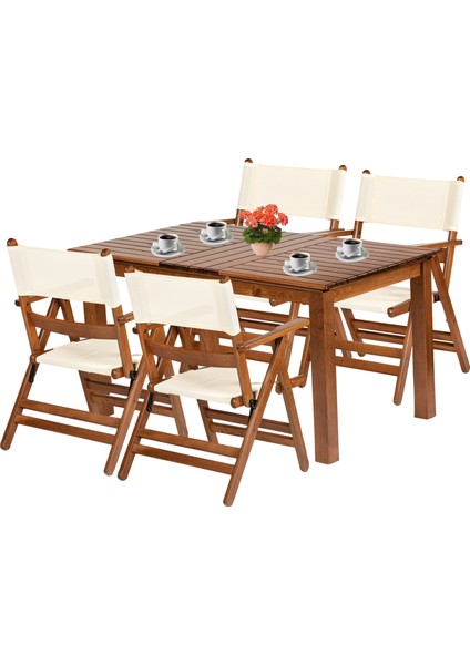 Marmaris Ahşap Bahçe Balkon Takımı: 80X120 Sabit Ayaklı Masa + 4 Pvcli Katlanır Sandalye Set