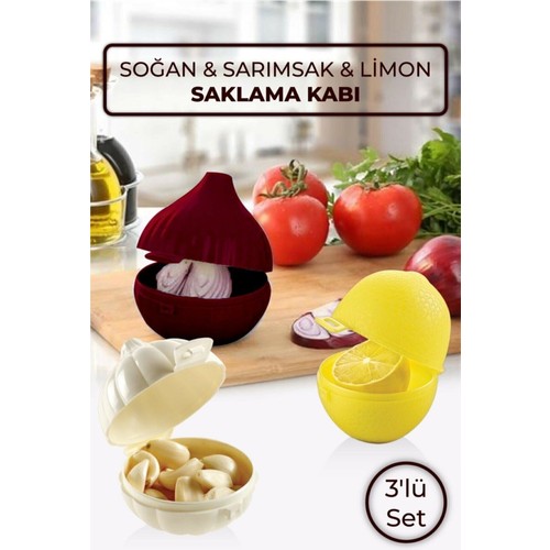 Vienev 3'lü Set Soğan Sarımsak Limon Saklama Kabı