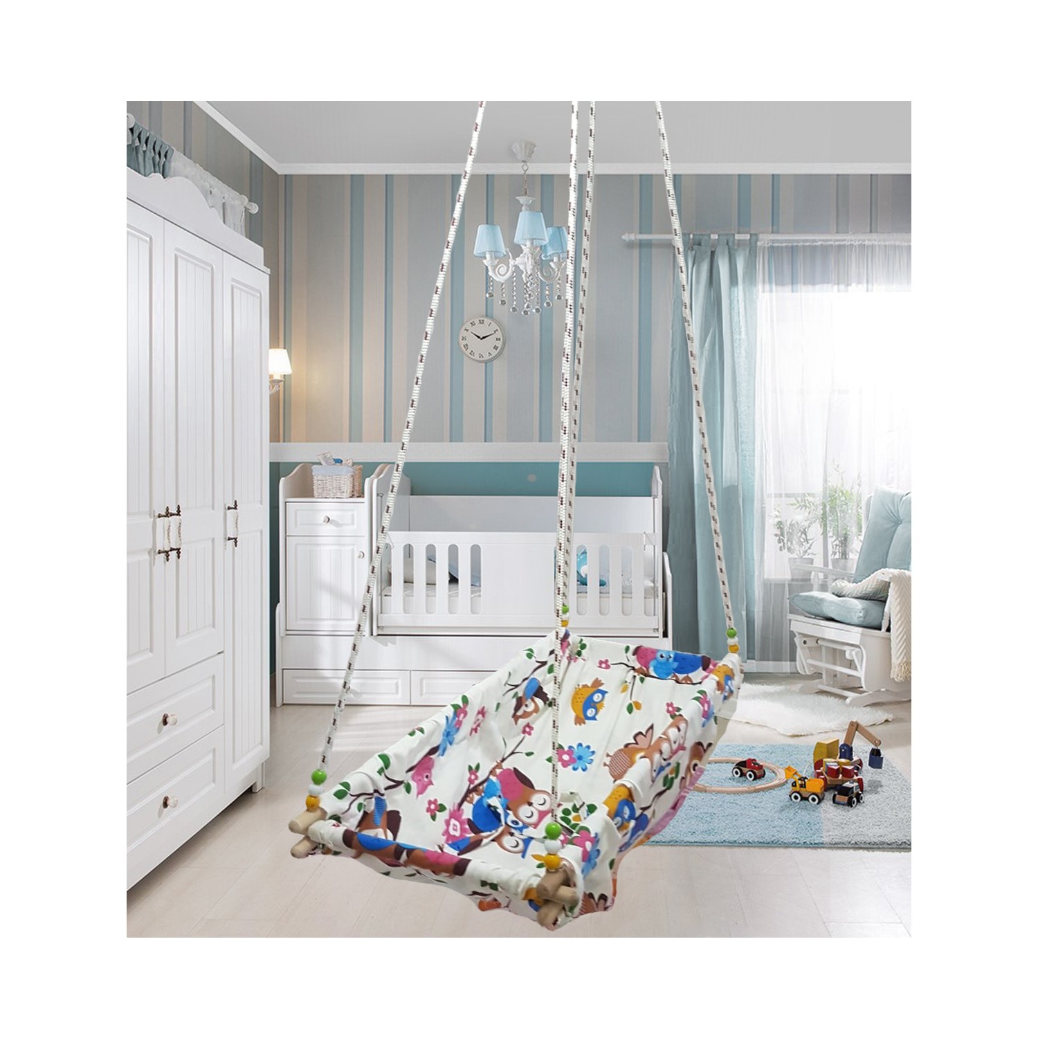 Altev Baykuş Desenli Ahşap Yaylı Zıpzıp Bebek Hamak Beşik