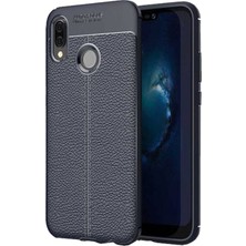 CoverZone Samsung Galaxy M10 Kılıf Deri Görünümlü Silikon Lacivert + Temperli Ekran Koruma