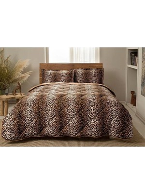 Taç Yorgan Seti Çif Kişilik Ranforce Leopard Kahve