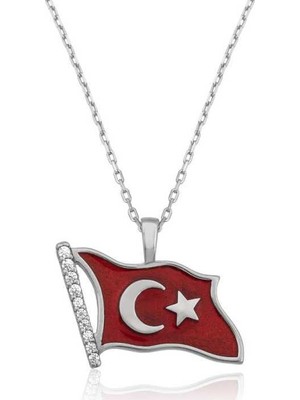 Tesbihayal Gümüş Türk Bayrağı Bayan Kolye