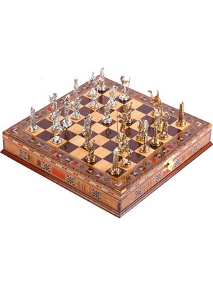 Gift Home Metal Mısır Satranç Takımı Parlak ve El Yapımı Masif Ahşap Sandıklı Satranç Tahtası