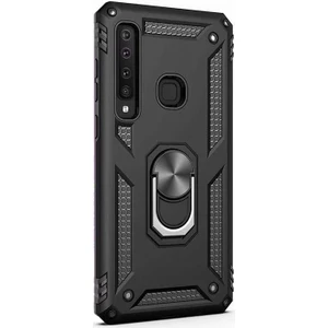 Case Street Samsung Galaxy A9 2018 Kılıf Vega Yüzüklü Mıknatıslı+Nano Glass Siyah