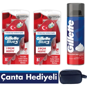 Blue3 8'li Milli Takım Özel Paketi Tıraş Bıçağı x 2 Adet + Klasik Bakım Tıraş Köpüğü 200 ml + Seyahat Çantası