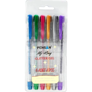 My King 6'lı Simli Jel Kalem Seti - Karışık Renkler, 0.5mm Uç, Mükemmel Yazma Kalitesi, Parlak Glitter Desen