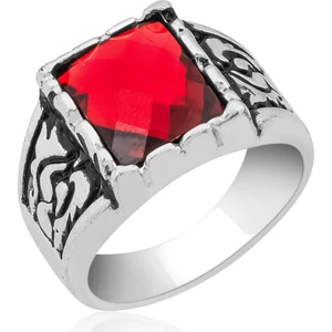 Gümüş Kaplama Kırmızı Taşlı Erkek Yüzük