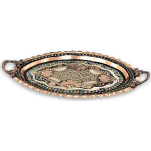 Gül Çiçek Oval Bakır Tepsi 35 cm
