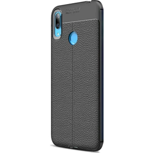 Huawei Y7 2019 Kılıf Deri Dokulu Silikon Siyah