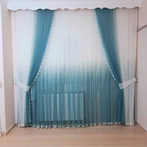 Caserta Home 1/3 Sık Pileli Duru Degrade Petrol Grek Etek Desenli Düz Tül  Perde - 100x210 cm