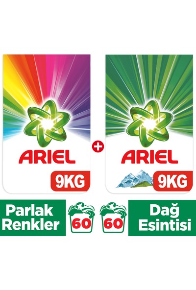 Ariel Dağ Esintisi Beyazlar İçin 9 kg + Parlak Renkler 9 kg Toz Çamaşır Deterjanı