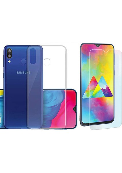 Samsung Galaxy M10 Şeffaf Esnek Silikon Kılıf Kamera Korumalı + Temperli Cam modelleri
