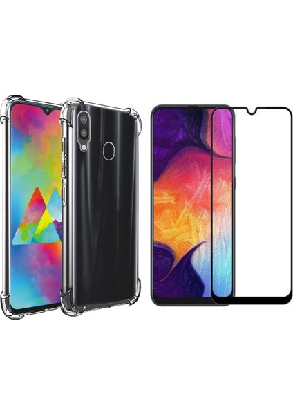 Samsung Galaxy A30 Darbe Korumalı Silikon Kılıf Şeffaf Antişok Kapak + 6D Tam Kaplayan Esnek Nano Cam